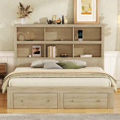 Okwish Lit avec rangement 160 x 200 cm Lit double avec 2 tiroirs et tête de lit fonctionnelle - Sans matelas - Naturel* Lit Avec Rangement