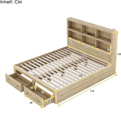 Okwish Lit avec rangement 160 x 200 cm Lit double avec 2 tiroirs et tête de lit fonctionnelle - Sans matelas - Naturel* Lit Avec Rangement