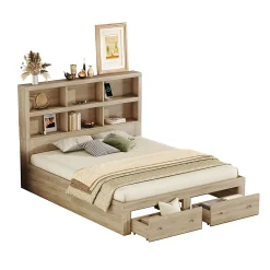Okwish Lit avec rangement 160 x 200 cm Lit double avec 2 tiroirs et tête de lit fonctionnelle - Sans matelas - Naturel* Lit Avec Rangement