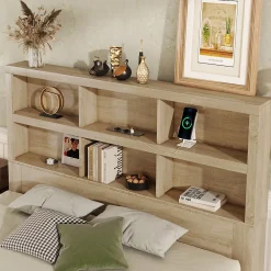 Okwish Lit avec rangement 160 x 200 cm Lit double avec 2 tiroirs et tête de lit fonctionnelle - Sans matelas - Naturel* Lit Avec Rangement