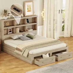 Okwish Lit avec rangement 160 x 200 cm Lit double avec 2 tiroirs et tête de lit fonctionnelle - Sans matelas - Naturel* Lit Avec Rangement