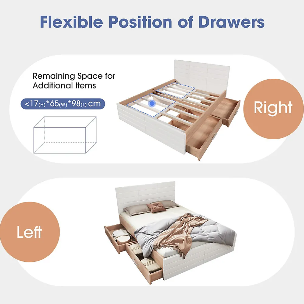 Lit avec rangement 140 x 200 cm - Lit Double avec 2 Tiroirs - Bois MDF - Sans Matelas - Blanc>Okwish Clearance