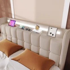 Lit avec rangement 160 x 200 cm - Lit Double avec Ports USB et LED - Lin Bois Métal - Sans Matelas - Beige><noscript><img width=
