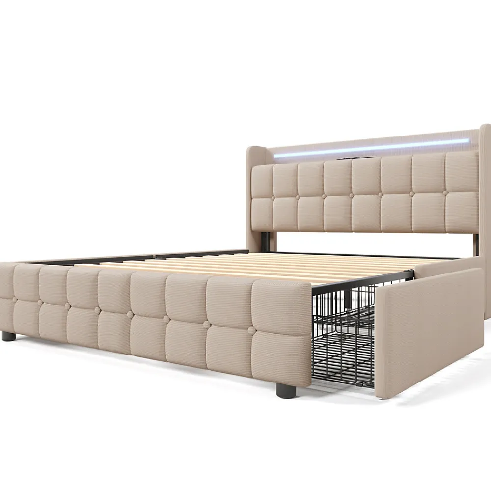 Lit avec rangement 160 x 200 cm - Lit Double avec Ports USB et LED - Lin Bois Métal - Sans Matelas - Beige>Generique Discount
