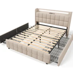 Lit avec rangement 160 x 200 cm - Lit Double avec Ports USB et LED - Lin Bois Métal - Sans Matelas - Beige><noscript><img width=