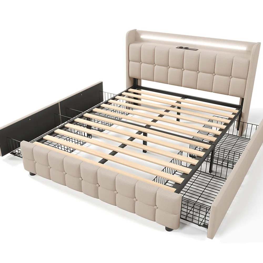 Lit avec rangement 160 x 200 cm - Lit Double avec Ports USB et LED - Lin Bois Métal - Sans Matelas - Beige>Generique Discount