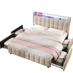 Lit avec rangement 160 x 200 cm - Lit Double avec Ports USB et LED - Lin Bois Métal - Sans Matelas - Beige><noscript><img width=