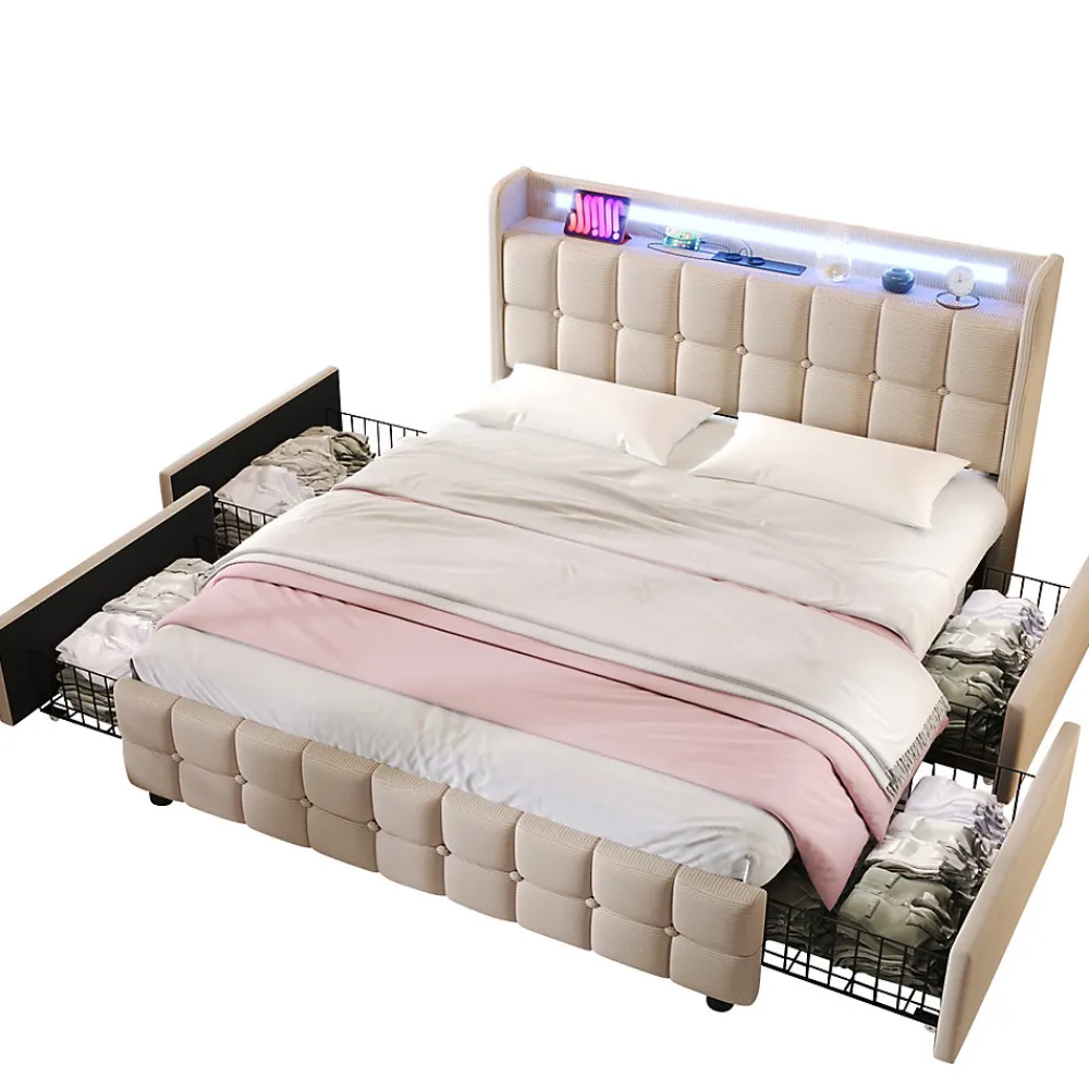Lit avec rangement 160 x 200 cm - Lit Double avec Ports USB et LED - Lin Bois Métal - Sans Matelas - Beige>Generique Discount