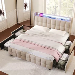 Okwish Lit avec rangement 140 x 200 cm - Lit Double avec 4 Tiroirs et LED - Lin Bois Métal - Sans Matelas - Beige* Lit Avec Rangement