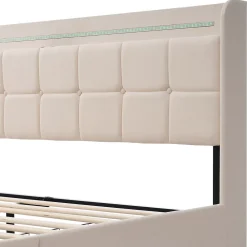 Okwish Lit avec rangement 140 x 200 cm - Lit Double avec 4 Tiroirs et LED - Lin Bois Métal - Sans Matelas - Beige* Lit Avec Rangement