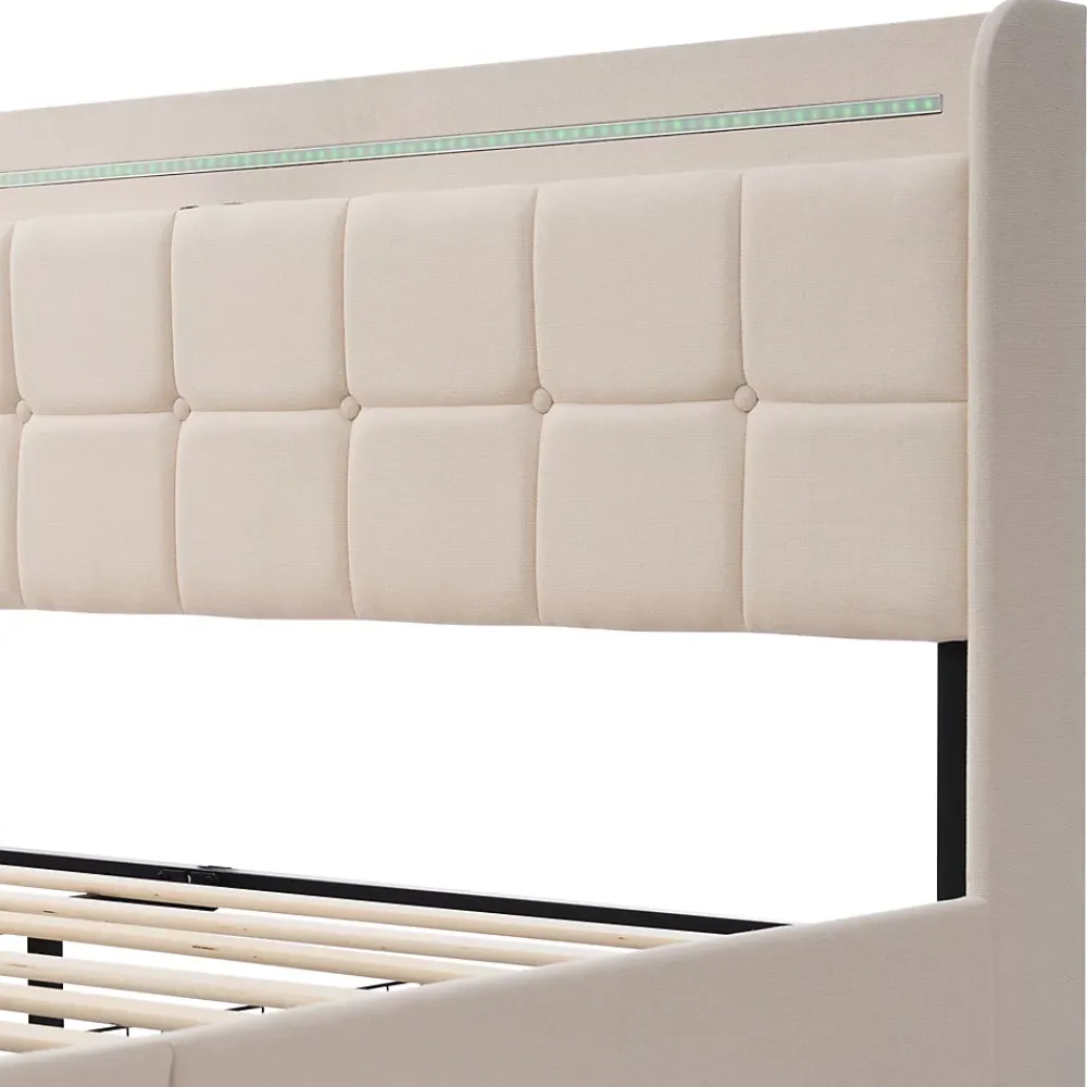 Okwish Lit avec rangement 140 x 200 cm - Lit Double avec 4 Tiroirs et LED - Lin Bois Métal - Sans Matelas - Beige* Lit Avec Rangement