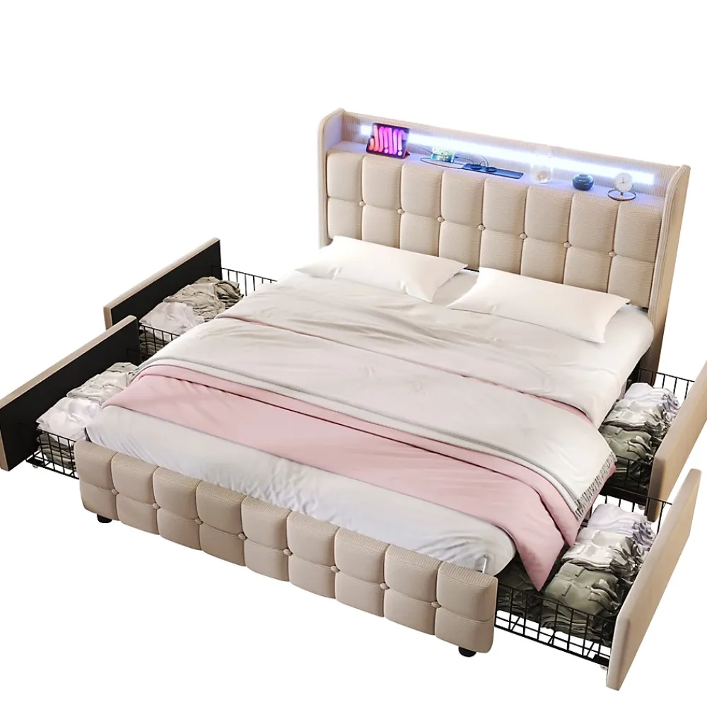 Okwish Lit avec rangement 140 x 200 cm - Lit Double avec 4 Tiroirs et LED - Lin Bois Métal - Sans Matelas - Beige* Lit Avec Rangement
