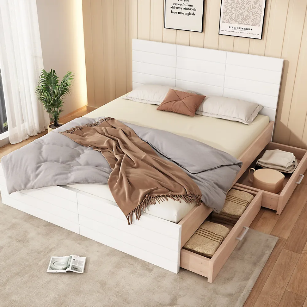 Lit avec rangement 180 x 200 cm - Lit Double avec 2 Tiroirs - Bois MDF - Sans Matelas - Blanc Chêne>Okwish Discount