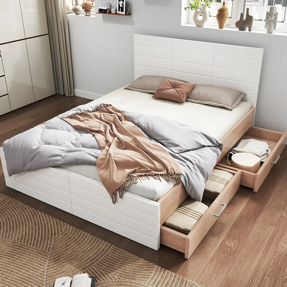 Lit avec rangement 180 x 200 cm - Lit Double avec 2 Tiroirs - Bois MDF - Sans Matelas - Blanc Chêne>Okwish Discount