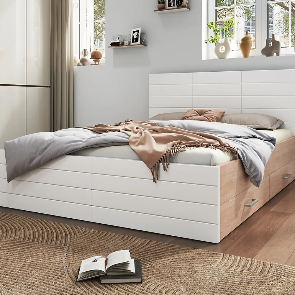 Lit avec rangement 180 x 200 cm - Lit Double avec 2 Tiroirs - Bois MDF - Sans Matelas - Blanc Chêne>Okwish Discount