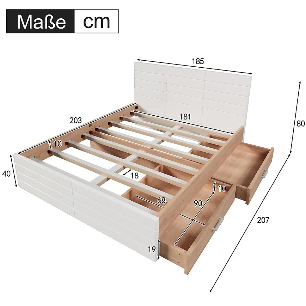 Lit avec rangement 180 x 200 cm - Lit Double avec 2 Tiroirs - Bois MDF - Sans Matelas - Blanc Chêne>Okwish Discount