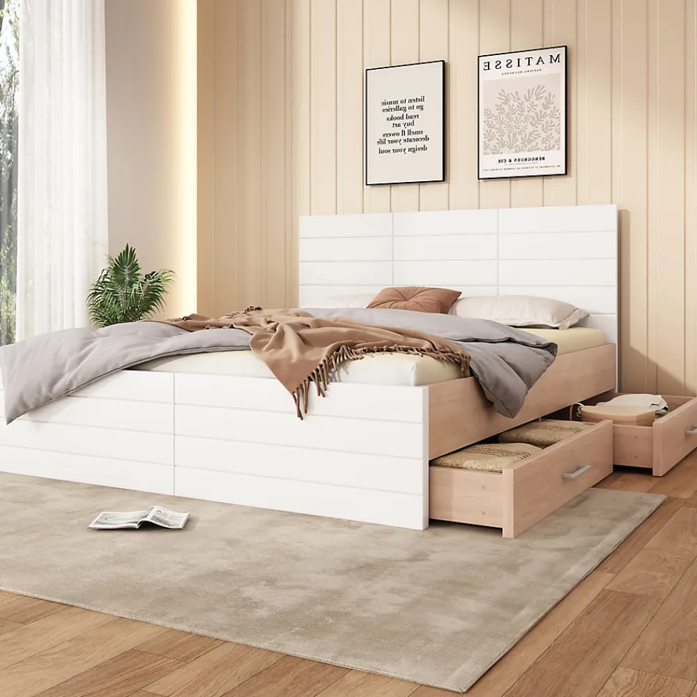 Lit avec rangement 180 x 200 cm - Lit Double avec 2 Tiroirs - Bois MDF - Sans Matelas - Blanc Chêne>Okwish Discount