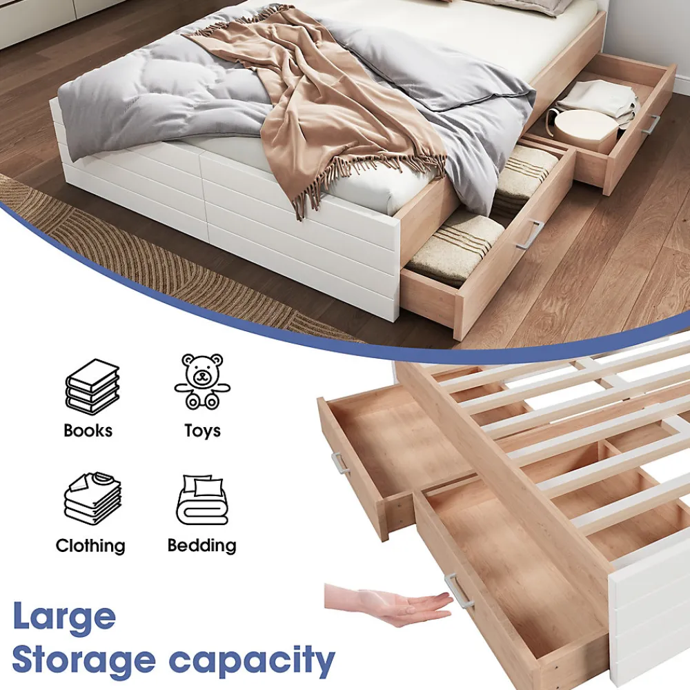 Lit avec rangement 180 x 200 cm - Lit Double avec 2 Tiroirs - Bois MDF - Sans Matelas - Blanc Chêne>Okwish Discount