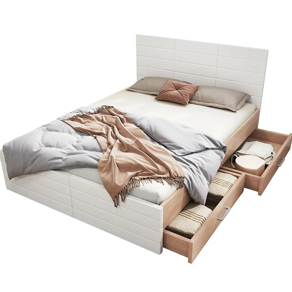 Lit avec rangement 180 x 200 cm - Lit Double avec 2 Tiroirs - Bois MDF - Sans Matelas - Blanc Chêne>Okwish Discount