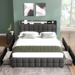 Lit avec rangement 140 x 200 cm - Lit Double avec 4 Tiroirs et LED - Lin Bois Métal - Sans Matelas - Gris>Okwish Outlet