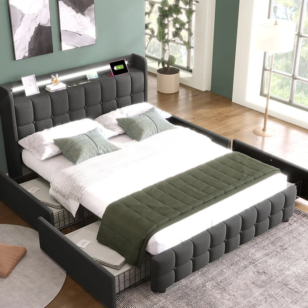 Lit avec rangement 140 x 200 cm - Lit Double avec 4 Tiroirs et LED - Lin Bois Métal - Sans Matelas - Gris>Okwish Outlet