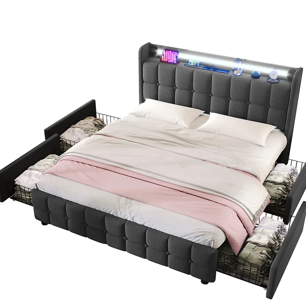 Lit avec rangement 140 x 200 cm - Lit Double avec 4 Tiroirs et LED - Lin Bois Métal - Sans Matelas - Gris>Okwish Outlet