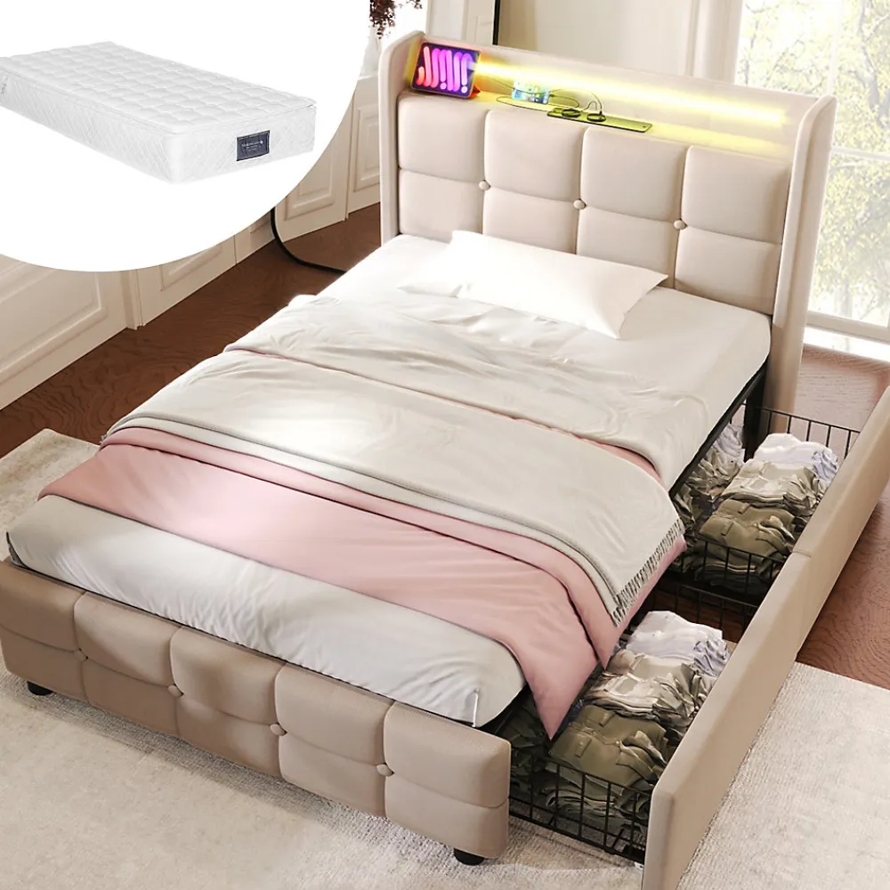 Lit avec rangement 90 x 200 cm - Lit Simple avec Ports USB et Matelas - Lin Bois Métal - avec Matelas - Beige>Okwish Clearance