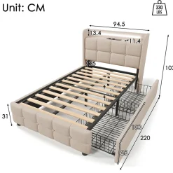 Lit avec rangement 90 x 200 cm - Lit Simple avec Ports USB et Matelas - Lin Bois Métal - avec Matelas - Beige><noscript><img width=