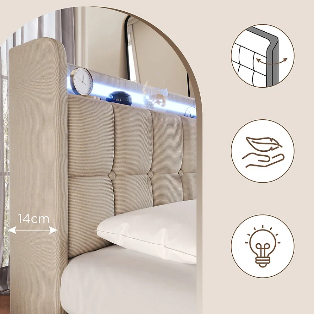 Lit avec rangement 90 x 200 cm - Lit Simple avec Ports USB et Matelas - Lin Bois Métal - avec Matelas - Beige>Okwish Clearance