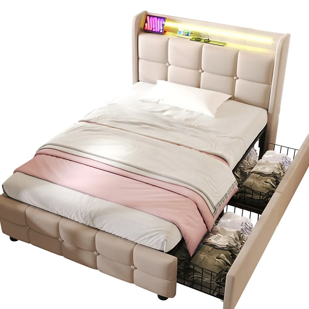 Lit avec rangement 90 x 200 cm - Lit Simple avec Ports USB et Matelas - Lin Bois Métal - avec Matelas - Beige>Okwish Clearance