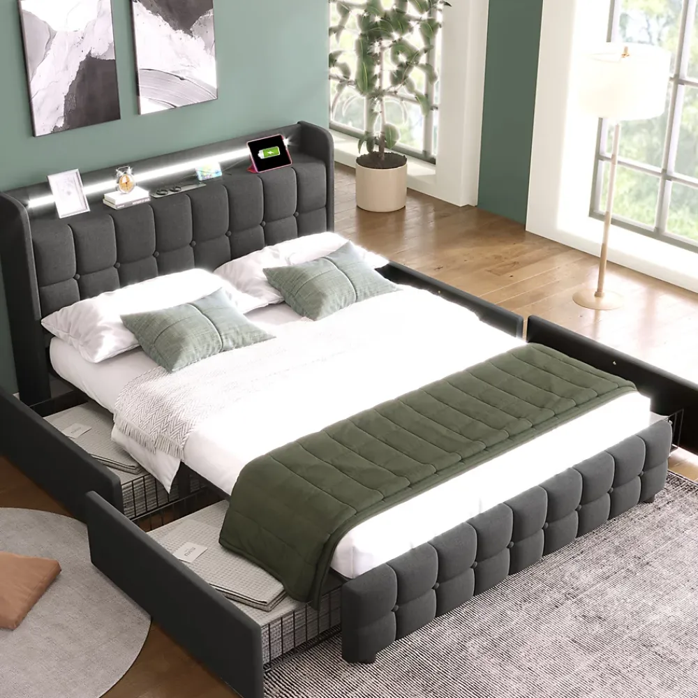 Okwish Lit avec rangement 160 x 200 cm - Lit Double avec Ports USB et LED - Lin Bois Métal - Sans Matelas - Gris* Lit Avec Rangement