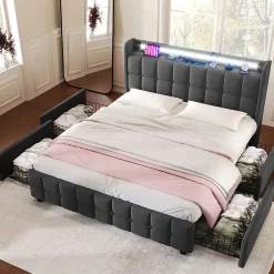 Okwish Lit avec rangement 160 x 200 cm - Lit Double avec Ports USB et LED - Lin Bois Métal - Sans Matelas - Gris* Lit Avec Rangement