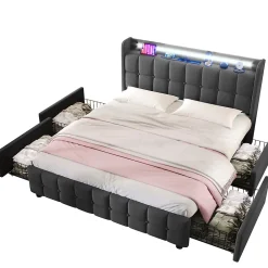 Okwish Lit avec rangement 180 x 200 cm - Lit Double avec Ports USB et LED - Lin Bois Métal - Sans Matelas - Gris* Lit Avec Rangement