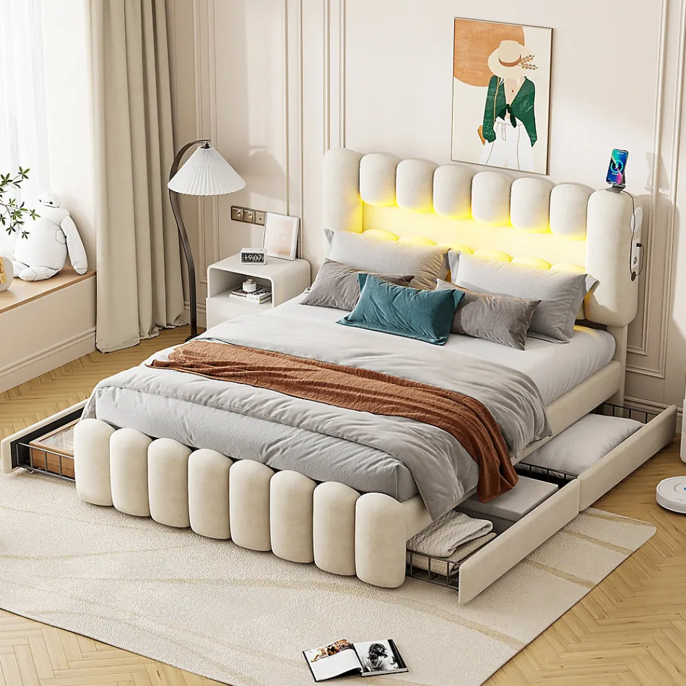 Lit avec Rangement 160 x 200 cm - Lit Capitonné avec 4 Tiroirs, LED et USB - Velours + MDF - Sans Matelas - Beige>Okwish Clearance