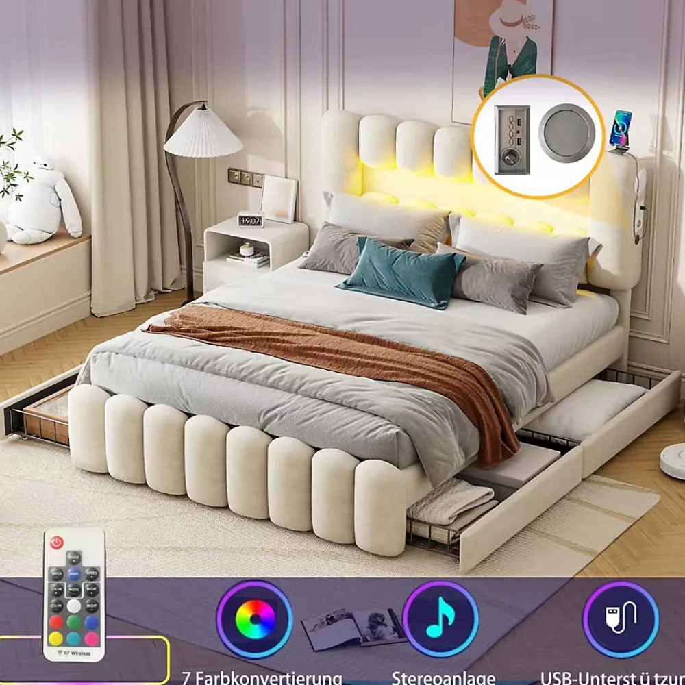 Lit avec Rangement 160 x 200 cm - Lit Capitonné avec 4 Tiroirs, LED et USB - Velours + MDF - Sans Matelas - Beige>Okwish Clearance