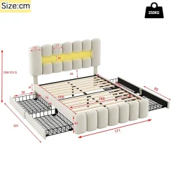Lit avec Rangement 160 x 200 cm - Lit Capitonné avec 4 Tiroirs, LED et USB - Velours + MDF - Sans Matelas - Beige><noscript><img width=