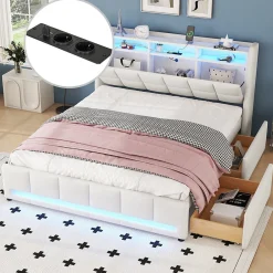 Lit avec rangement 160 x 200 cm - Lit Double avec 2 Tiroirs et Prise USB - Lin - Sans Matelas - Beige>Okwish Best