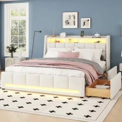Lit avec rangement 160 x 200 cm - Lit Double avec 2 Tiroirs et Prise USB - Lin - Sans Matelas - Beige><noscript><img width=