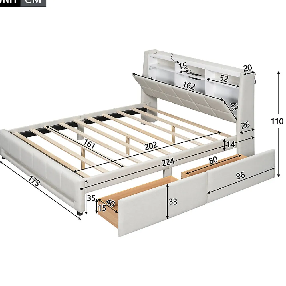 Lit avec rangement 160 x 200 cm - Lit Double avec 2 Tiroirs et Prise USB - Lin - Sans Matelas - Beige>Okwish Best