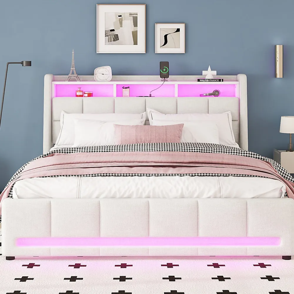 Lit avec rangement 160 x 200 cm - Lit Double avec 2 Tiroirs et Prise USB - Lin - Sans Matelas - Beige>Okwish Best