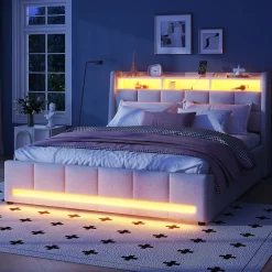 Lit avec rangement 160 x 200 cm - Lit Double avec 2 Tiroirs et Prise USB - Lin - Sans Matelas - Beige><noscript><img width=