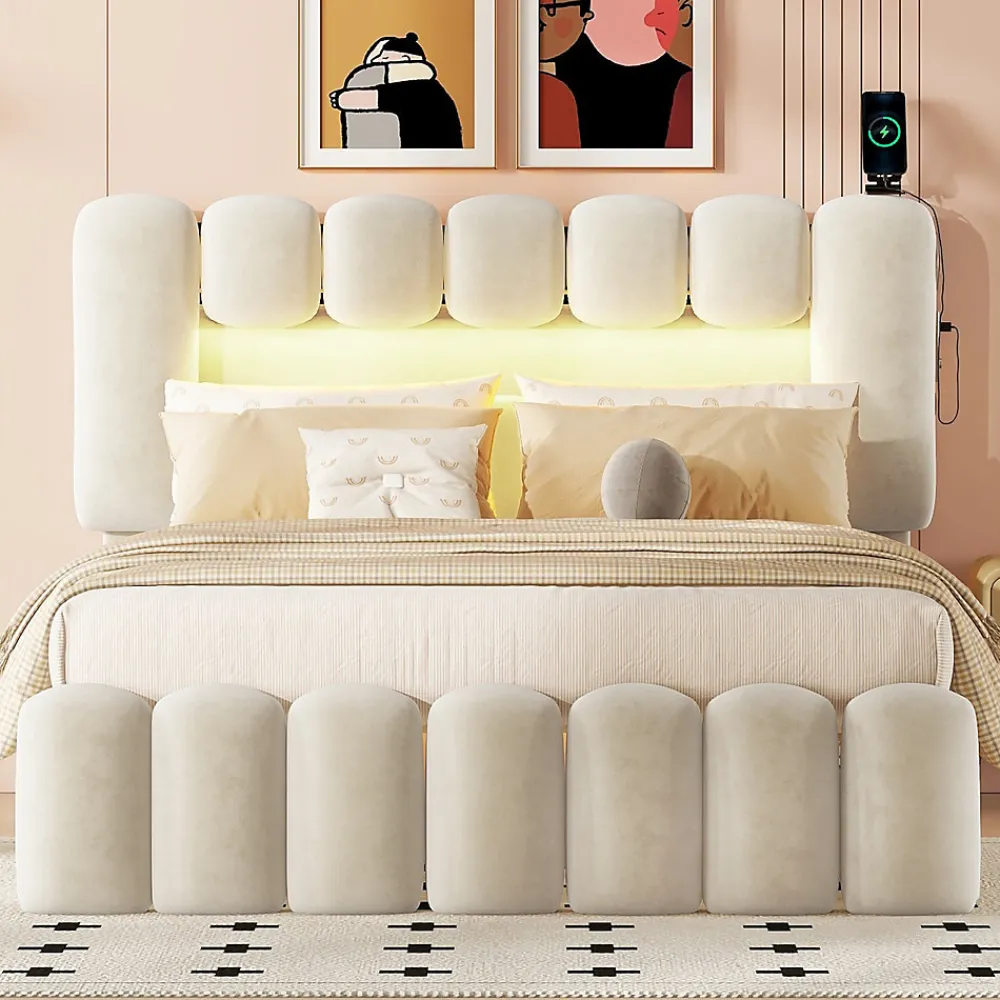 Lit avec Rangement 140 x 200 cm - Lit Capitonné Beige avec 4 Tiroirs et LED - Velours + MDF - Sans Matelas>Okwish Hot