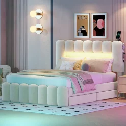 Lit avec Rangement 140 x 200 cm - Lit Capitonné Beige avec 4 Tiroirs et LED - Velours + MDF - Sans Matelas>Okwish Hot