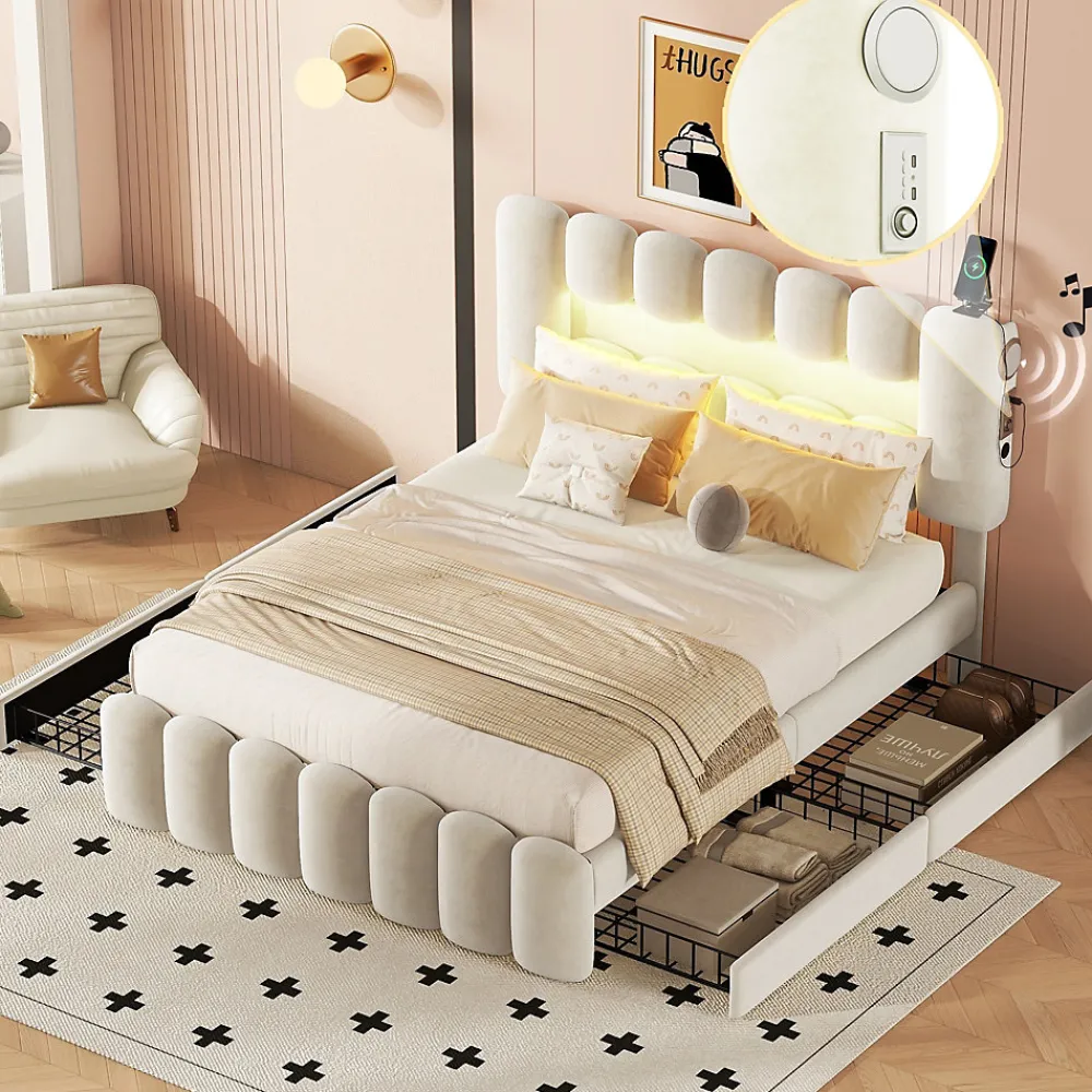 Lit avec Rangement 140 x 200 cm - Lit Capitonné Beige avec 4 Tiroirs et LED - Velours + MDF - Sans Matelas>Okwish Hot