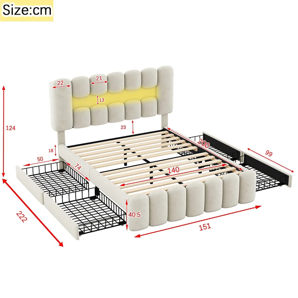 Lit avec Rangement 140 x 200 cm - Lit Capitonné Beige avec 4 Tiroirs et LED - Velours + MDF - Sans Matelas>Okwish Hot