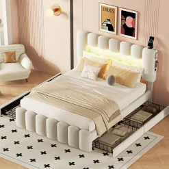 Lit avec Rangement 140 x 200 cm - Lit Capitonné Beige avec 4 Tiroirs et LED - Velours + MDF - Sans Matelas><noscript><img width=