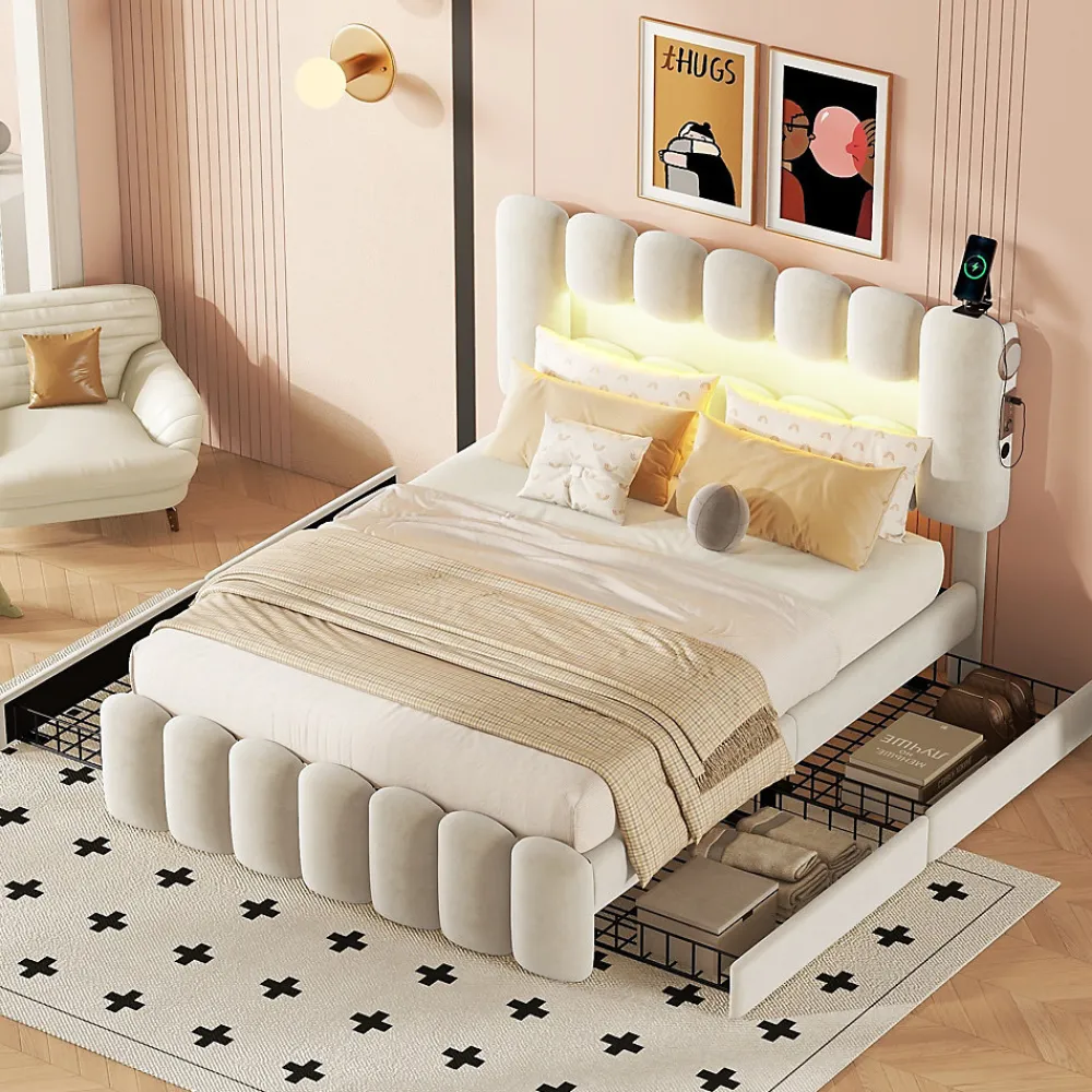 Lit avec Rangement 140 x 200 cm - Lit Capitonné Beige avec 4 Tiroirs et LED - Velours + MDF - Sans Matelas>Okwish Hot