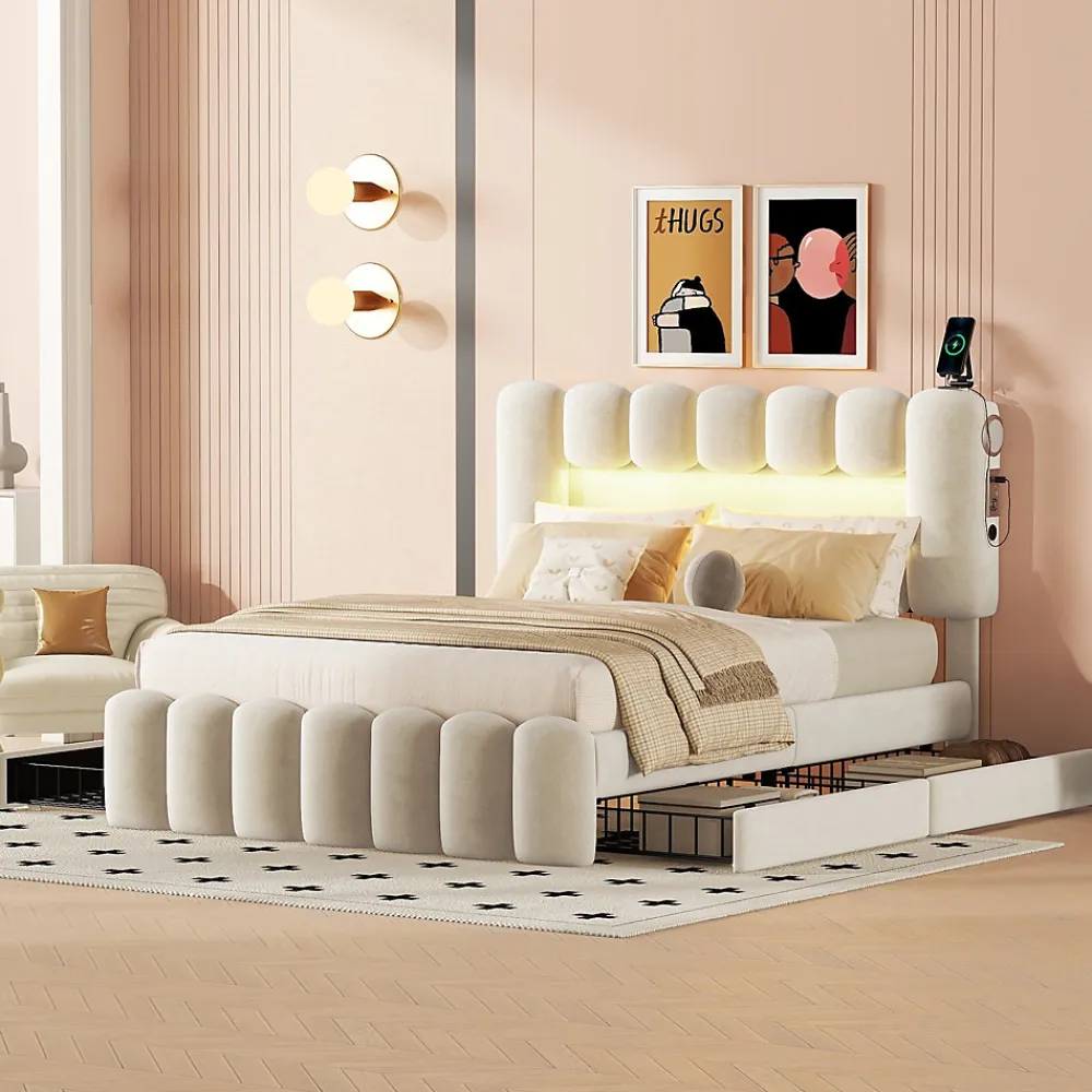 Lit avec Rangement 140 x 200 cm - Lit Capitonné Beige avec 4 Tiroirs et LED - Velours + MDF - Sans Matelas>Okwish Hot