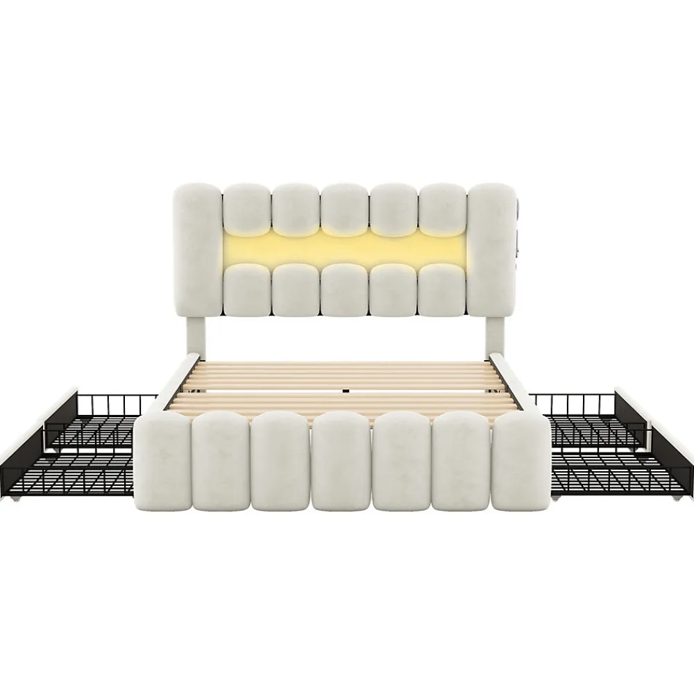 Lit avec Rangement 140 x 200 cm - Lit Capitonné Beige avec 4 Tiroirs et LED - Velours + MDF - Sans Matelas>Okwish Hot