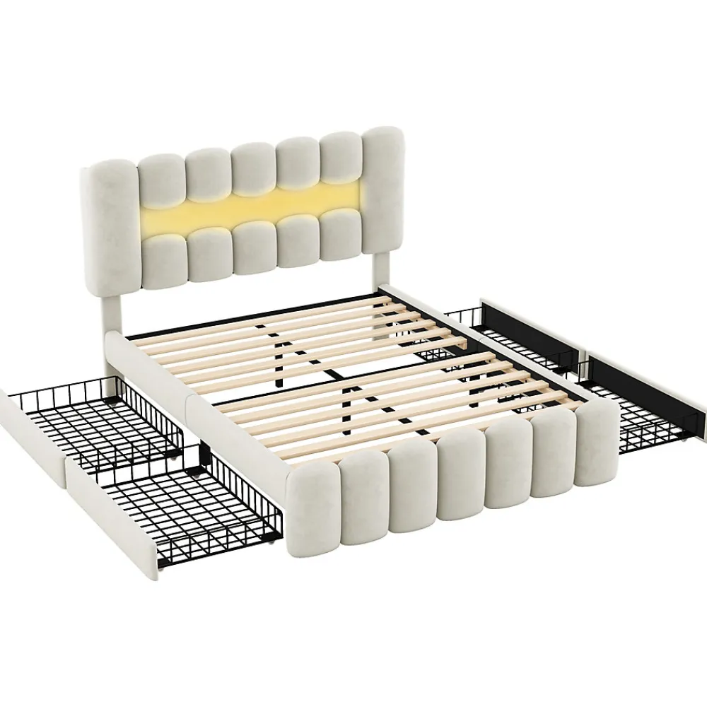 Lit avec Rangement 140 x 200 cm - Lit Capitonné Beige avec 4 Tiroirs et LED - Velours + MDF - Sans Matelas>Okwish Hot